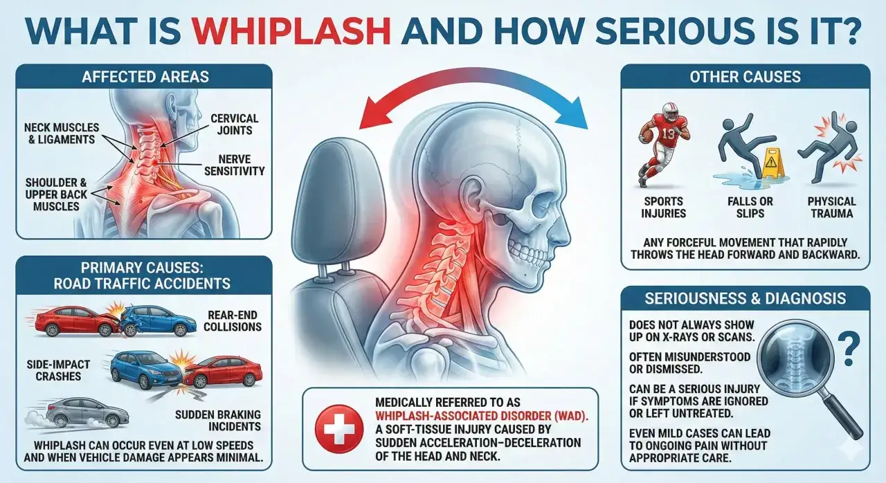 Whiplash co to? Uraz szyi spowodowany nagłym ruchem głowy, często w wypadkach. Dotyczy mięśni, więzadeł i staw&oacute;w.