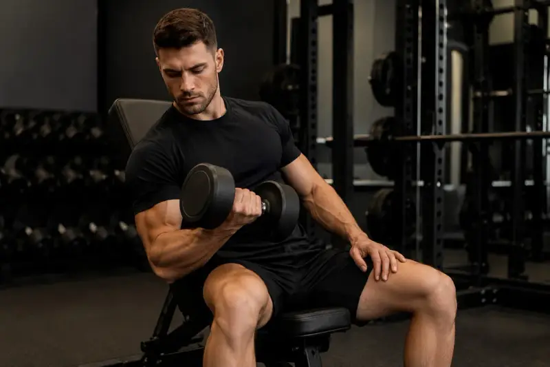 Mężczyzna w czarnym T-shircie wykonuje trening oporowy, podnosząc hantle. Skupiony na ćwiczeniu bicepsów.